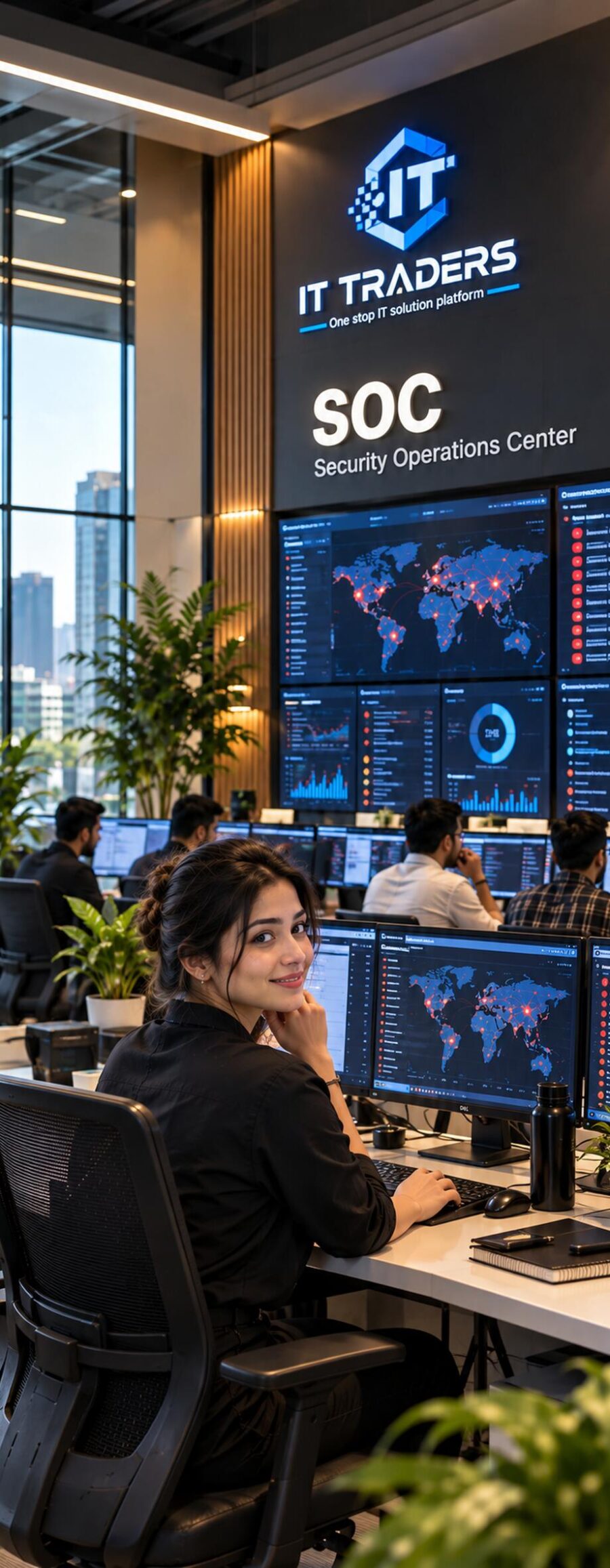IT Traders security analyst at a 24/7 SOC and NOC monitoring desk with live threat maps and network dashboards