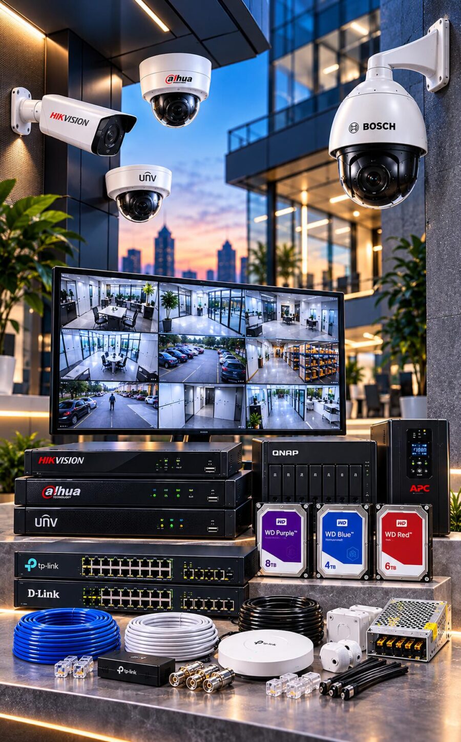 Hikvision, Dahua, Bosch and Uniview CCTV cameras with a live camera monitor, Hikvision, Dahua and Uniview NVRs, QNAP storage, APC UPS, TP-Link and D-Link switches and WD surveillance drives