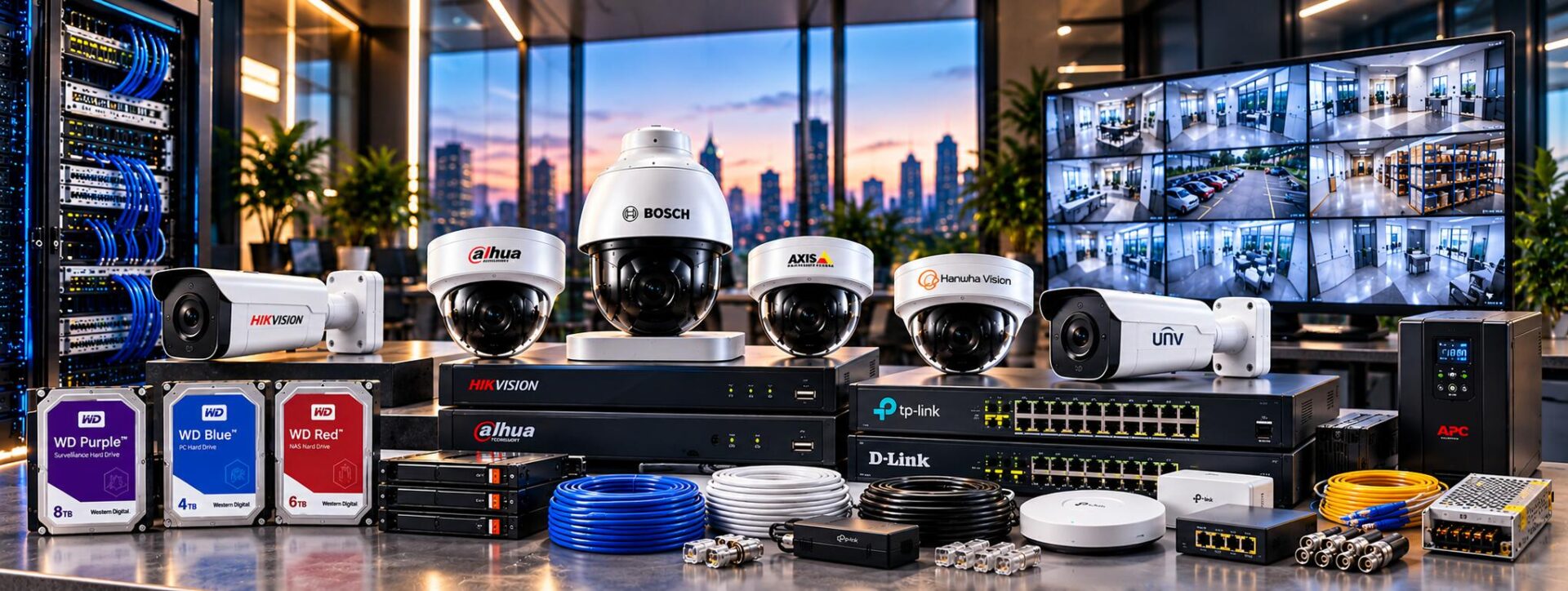 Hikvision, Dahua, Bosch, Axis, Hanwha Vision and Uniview CCTV cameras with Hikvision and Dahua NVRs, TP-Link and D-Link PoE switches, WD Purple drives and a live multi-camera monitoring wall