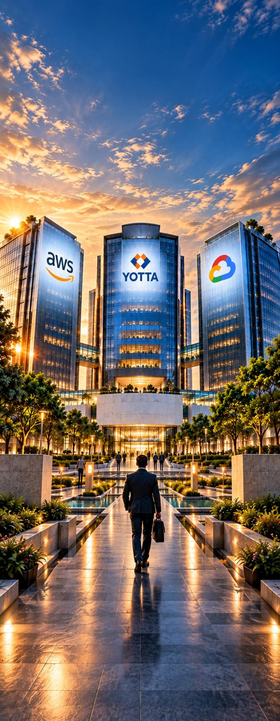 AWS, Yotta and Google Cloud office towers at sunset with a professional walking toward the entrance
