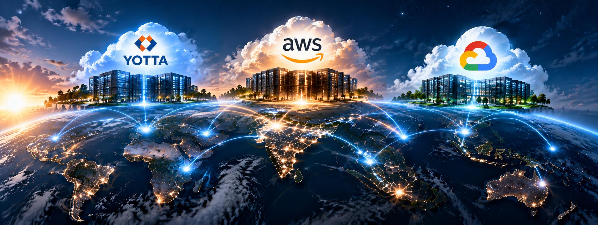AWS, Google Cloud and Yotta cloud data centers connected across India and the world by a global network