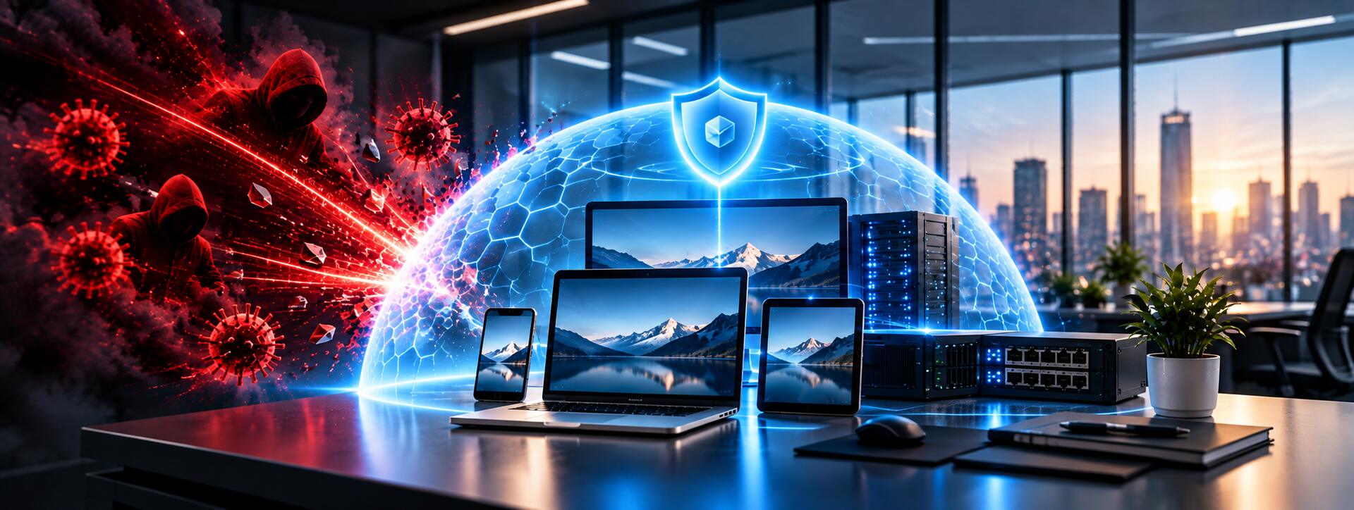 EDR and XDR security shield protecting laptops, desktops, tablets, phones and servers from malware, ransomware and hackers