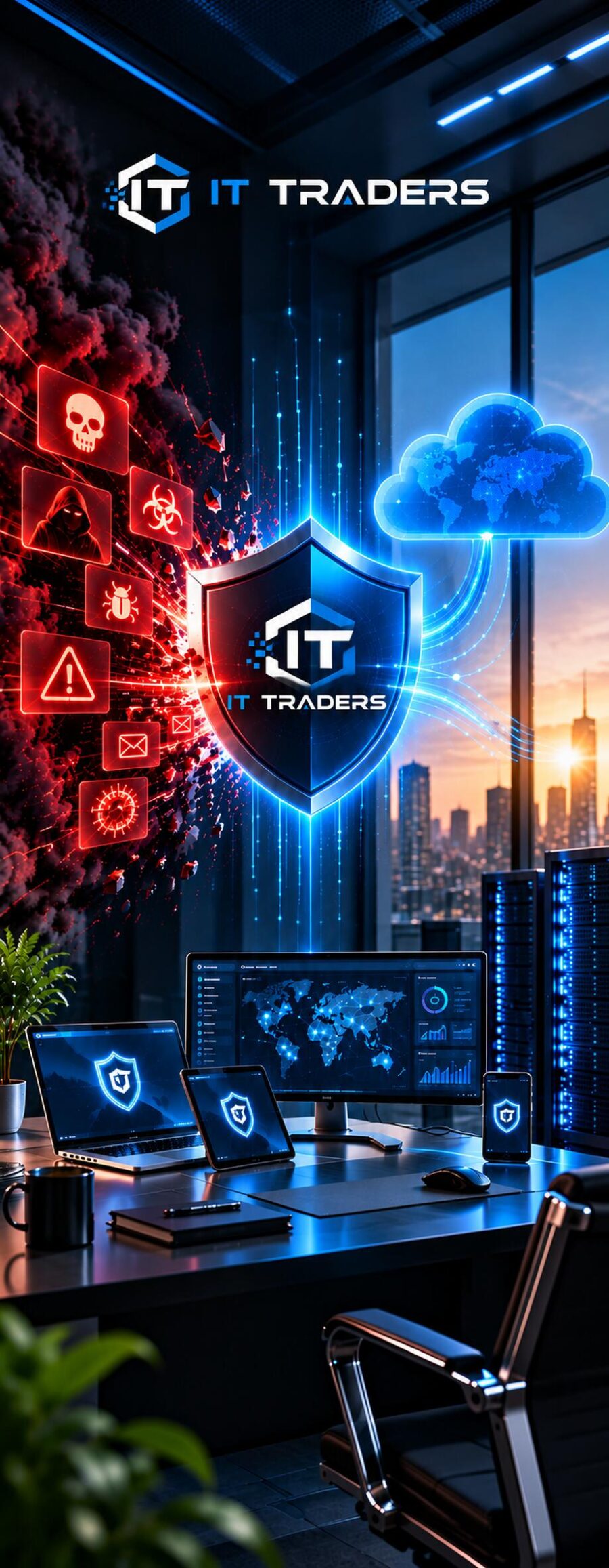 IT Traders security shield blocking malware, phishing, ransomware and hackers while protecting cloud, laptops, tablets, phones and servers with a threat monitoring dashboard