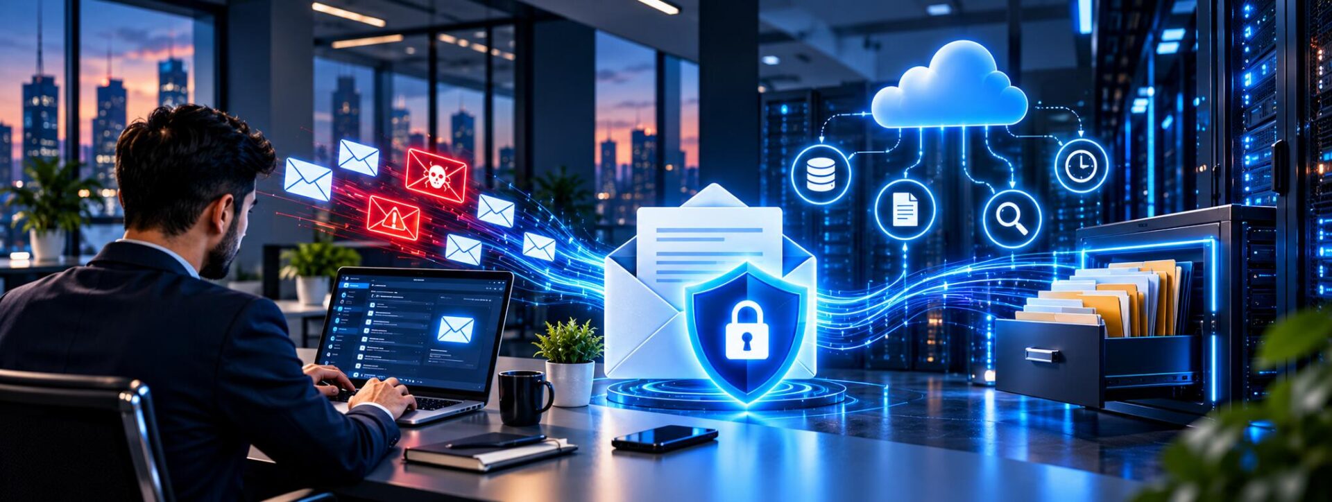 IT Traders engineer at a laptop while a secure email shield blocks phishing and malicious emails and archives clean mail to cloud storage