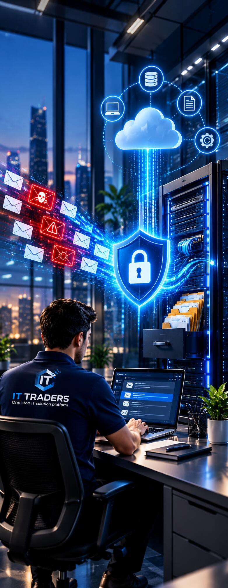 IT Traders engineer at a workstation as malicious emails are blocked by a security shield and clean mail is archived to the cloud