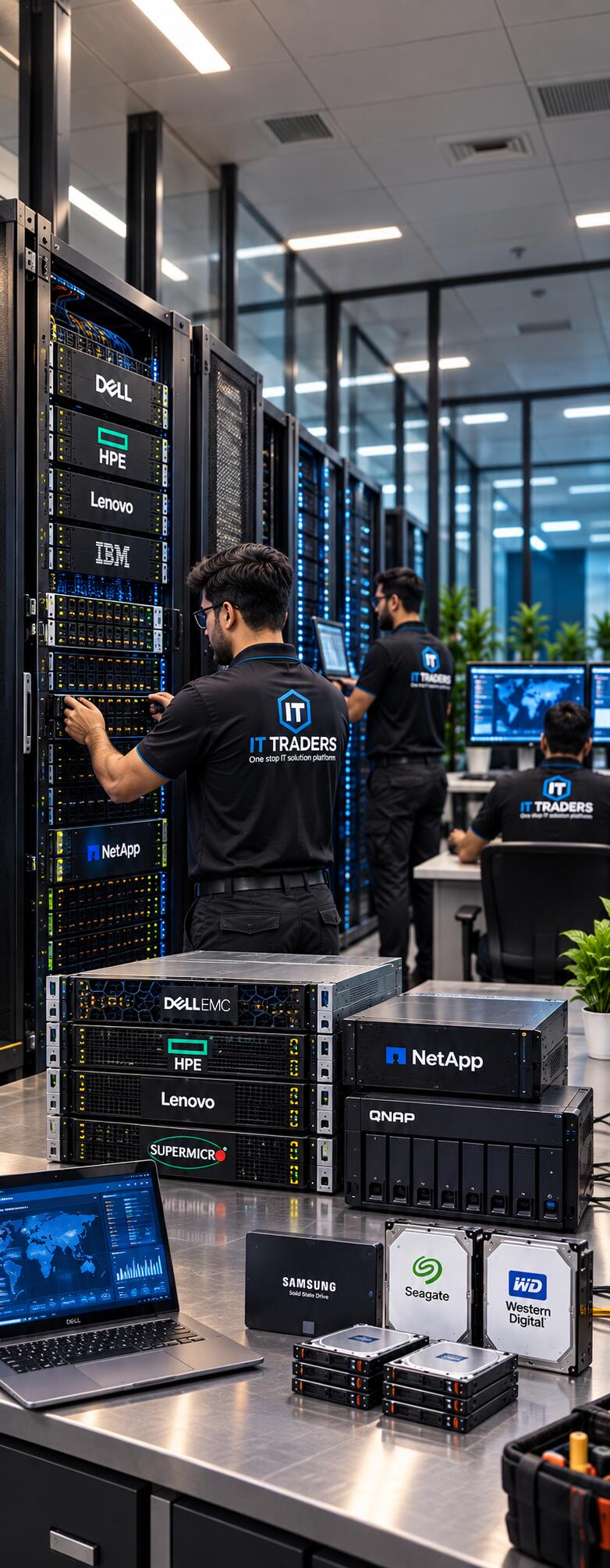 Dell EMC, HPE, Lenovo and Supermicro servers with NetApp and QNAP storage, Samsung SSD and Seagate and WD hard drives in a server room