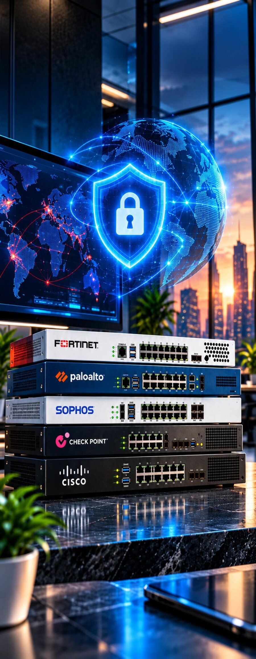 Stack of Fortinet, Palo Alto Networks, Sophos, Check Point and Cisco firewall appliances with real-time global threat monitoring