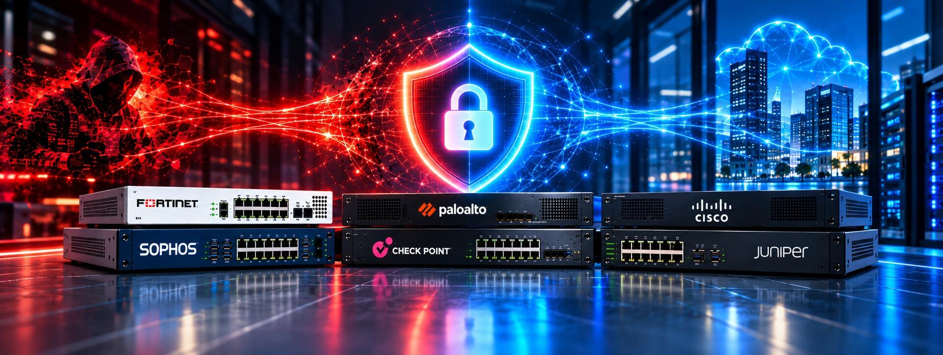 Next-generation firewall appliances from Fortinet, Palo Alto Networks, Sophos, Check Point, Cisco and Juniper shielding a business network from hackers and cyber threats