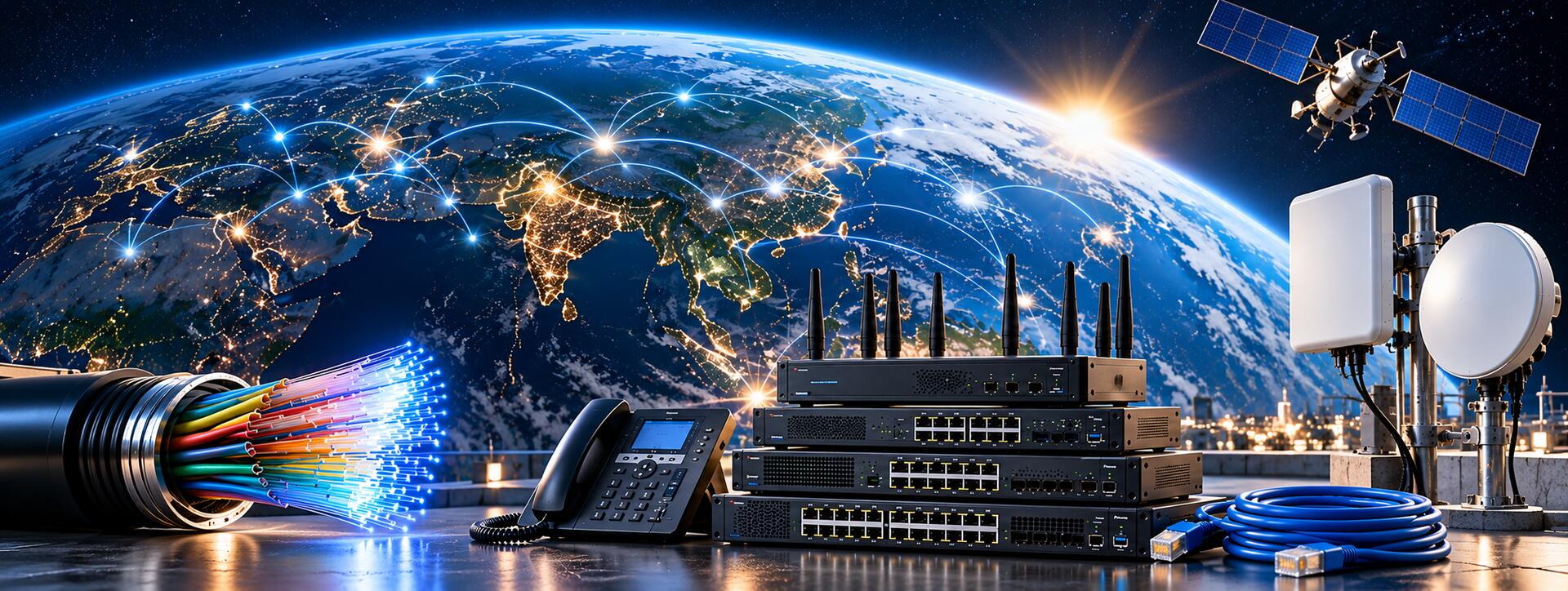 Fiber optic cable, enterprise routers and switches, IP phone, point-to-point wireless antennas and a satellite connecting India over a global network for dedicated internet leased lines