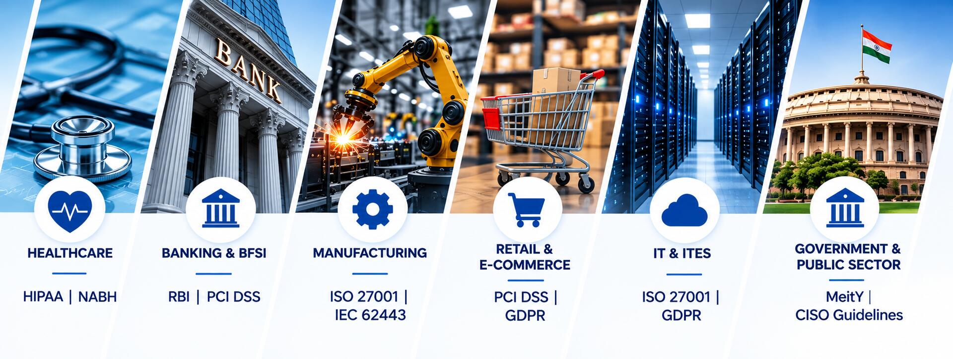 IT compliance standards by industry: HIPAA and NABH for healthcare, RBI and PCI DSS for banking, ISO 27001 and IEC 62443 for manufacturing, PCI DSS and GDPR for retail, ISO 27001 and GDPR for IT, MeitY and CISO guidelines for government