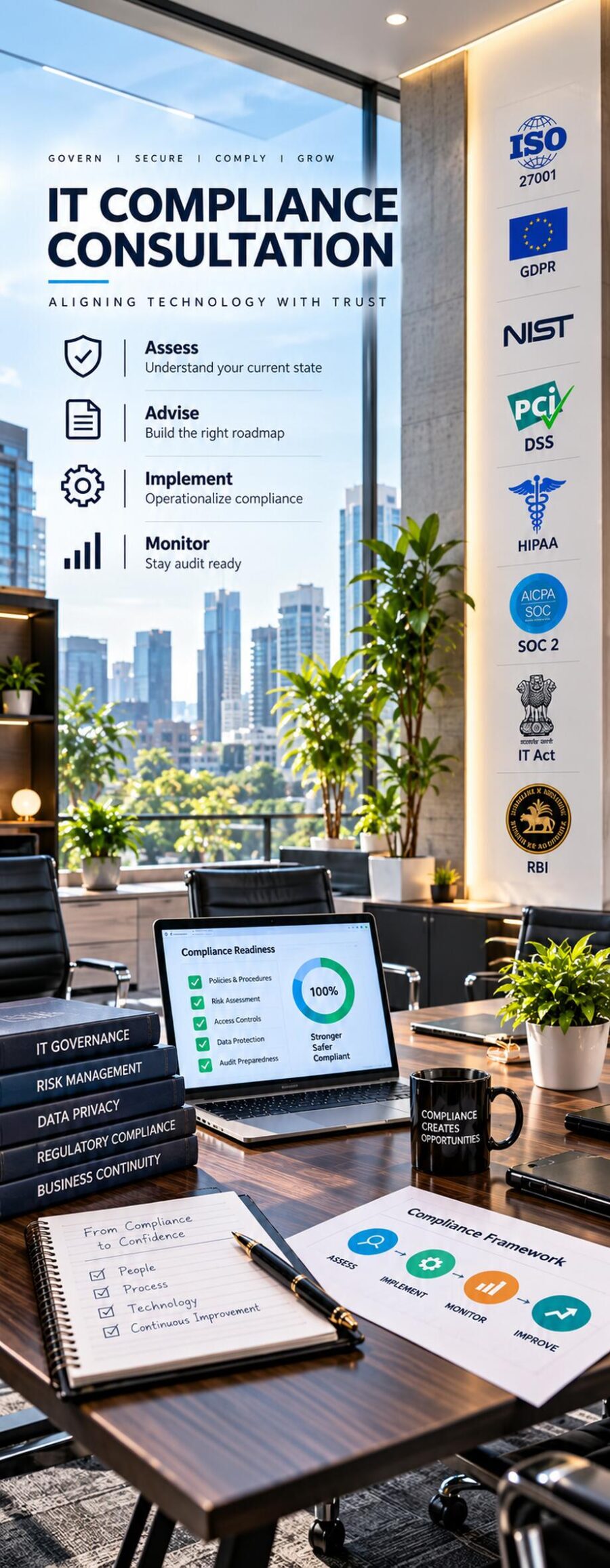 IT compliance consultation: assess, advise, implement and monitor, covering ISO 27001, GDPR, NIST, PCI DSS, HIPAA, SOC 2, IT Act and RBI, with a compliance readiness dashboard