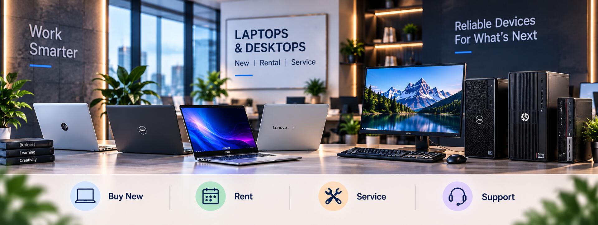 Dell, HP, Lenovo and ASUS business laptops with Dell and HP desktops on display for purchase, rental, service and support