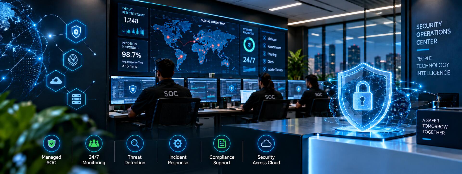 Security operations center analysts monitoring live threat maps, 24/7 threat detection, incident response, compliance and cloud security dashboards