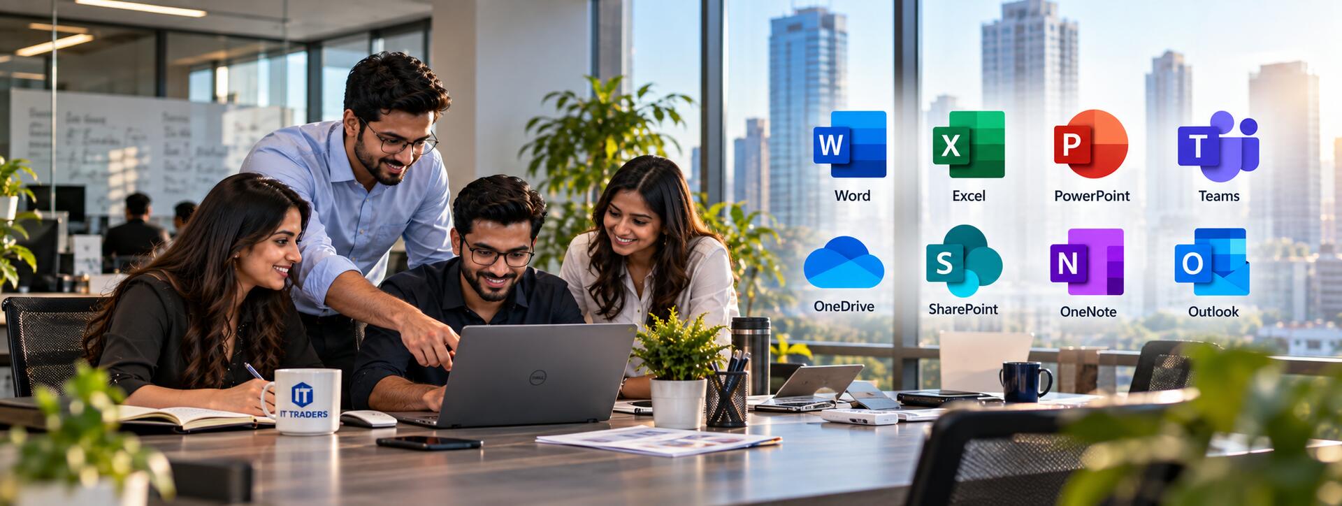 Business team collaborating on a laptop with Microsoft 365 apps Word, Excel, PowerPoint, Teams, OneDrive, SharePoint, OneNote and Outlook