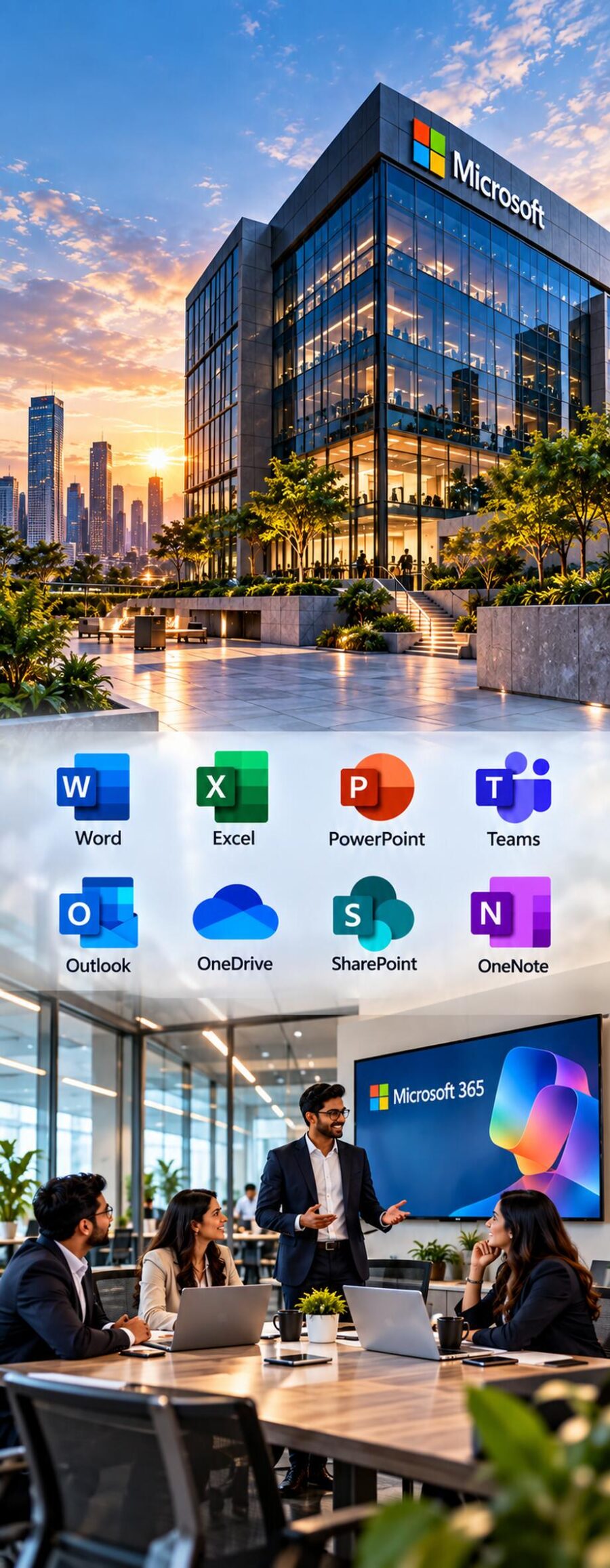 Microsoft office building with Microsoft 365 apps Word, Excel, PowerPoint, Teams, Outlook, OneDrive, SharePoint and OneNote and a team meeting
