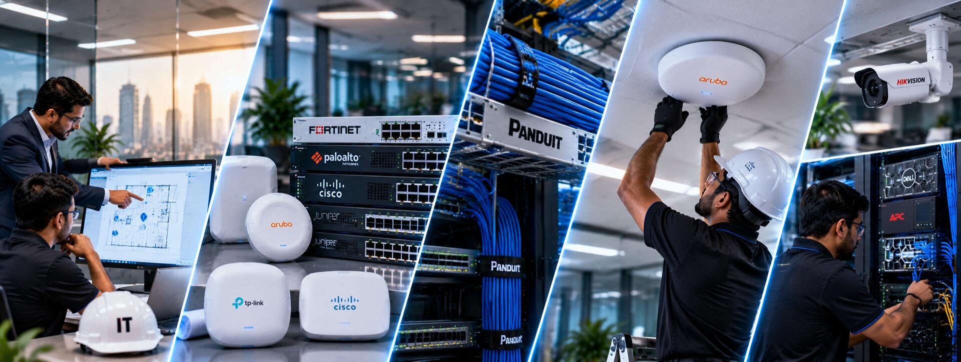 Network engineers planning a WiFi floor plan and installing Fortinet, Palo Alto, Cisco and Juniper appliances, Panduit structured cabling, Aruba access points, a Hikvision camera and a Dell and APC server rack