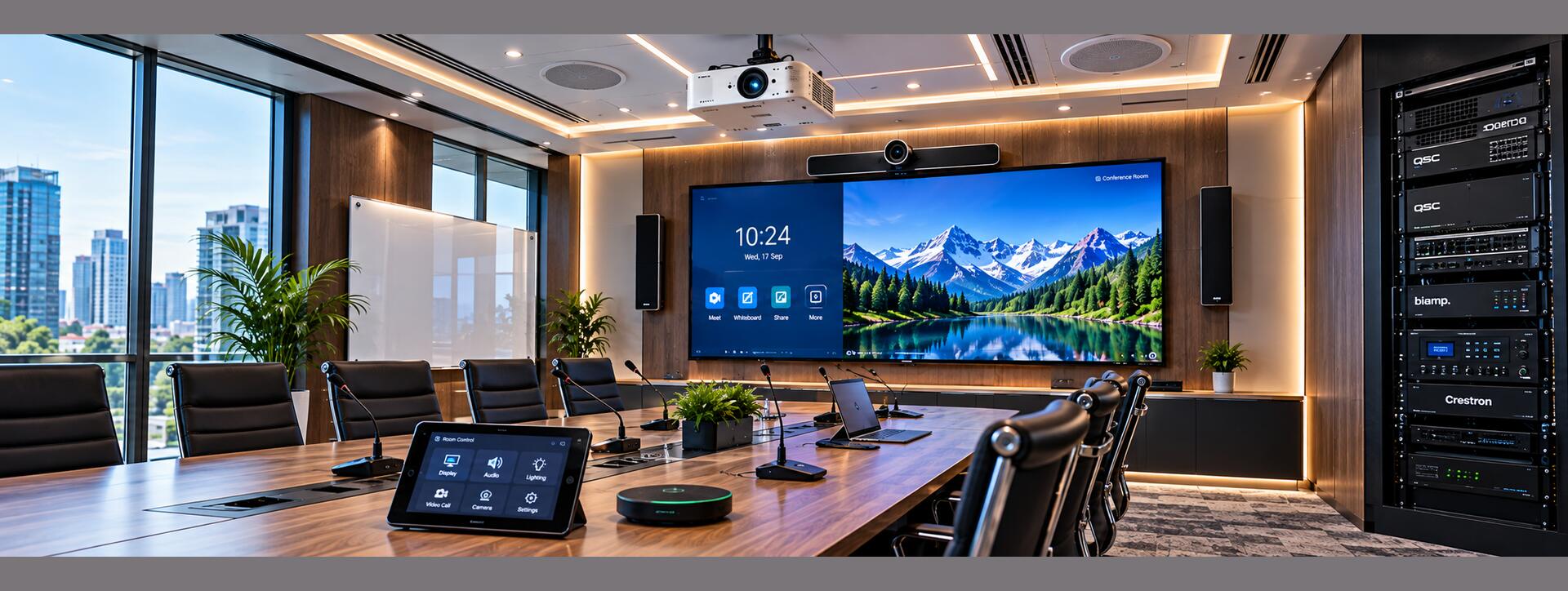 IT Traders audio video AV solution for a boardroom with video wall, conferencing and touch control panels