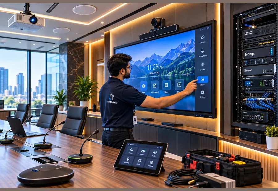 IT Traders AV engineer setting up an interactive display and conference audio system in a boardroom
