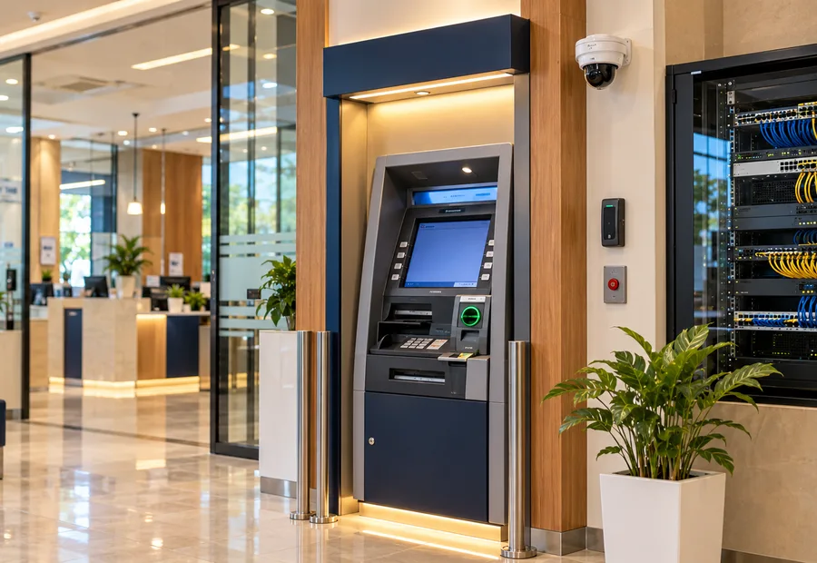 Bank branch ATMs and self-service kiosk with secure network rack and CCTV camera for BFSI IT security