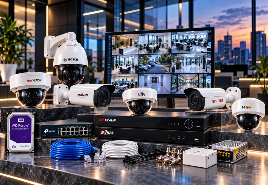 Hikvision, Dahua, Bosch, Uniview and Axis CCTV IP cameras with an NVR, PoE switch and live surveillance monitor
