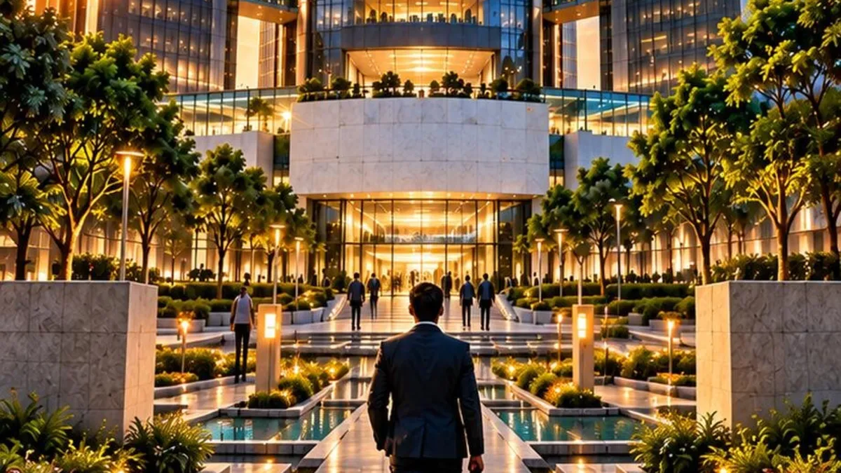 AWS, Yotta and Google Cloud office towers at sunset with a professional walking toward the entrance