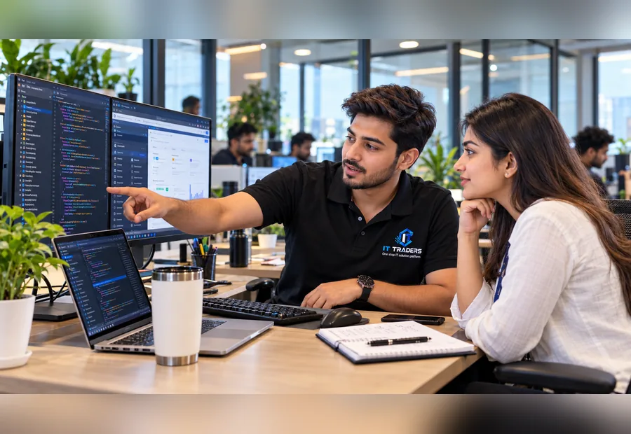 IT Traders software developers reviewing code for a custom business application