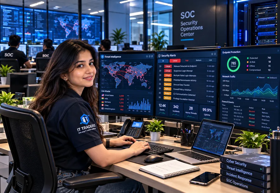 IT Traders SOC analyst monitoring threat intelligence and security alert dashboards
