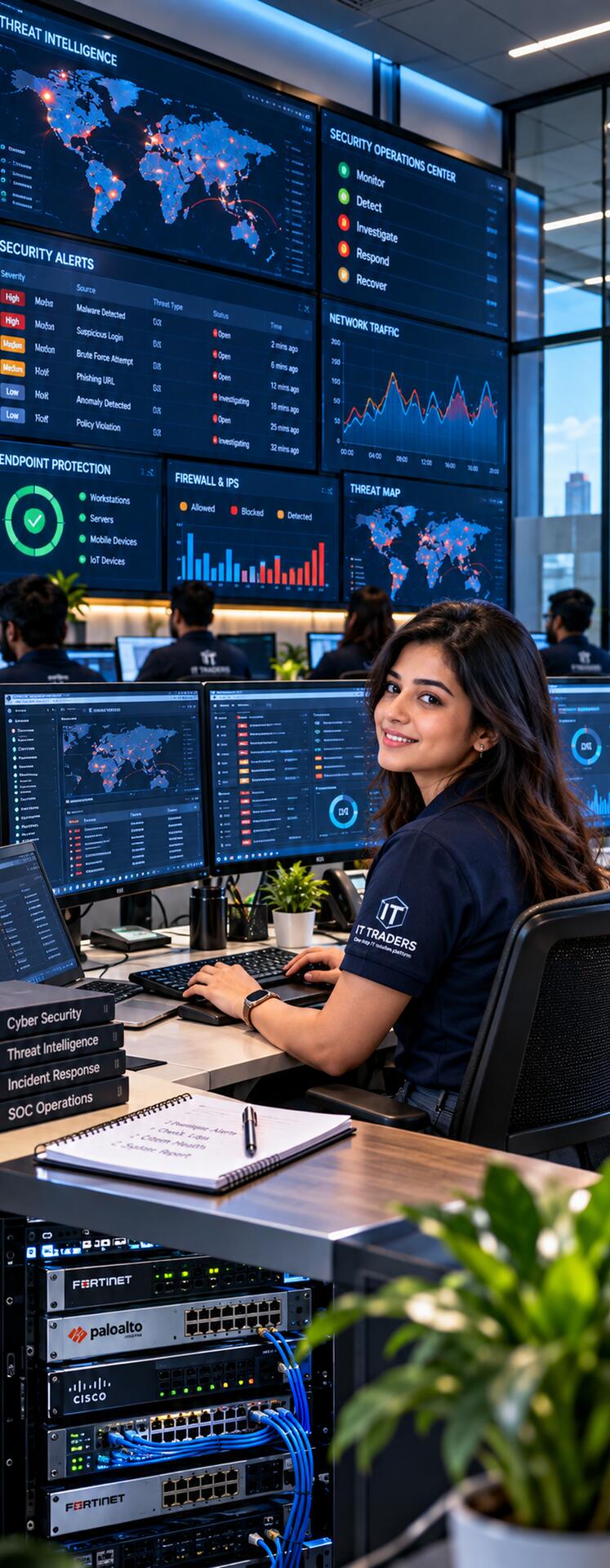 What IT Traders delivers: cybersecurity and SOC services with 24/7 threat monitoring dashboards