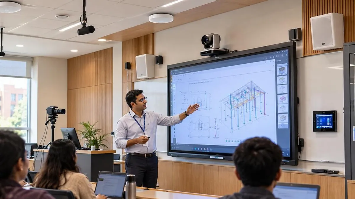 Smart classroom with interactive display, lecture capture camera and campus network rack, education IT solutions by IT Traders Pune