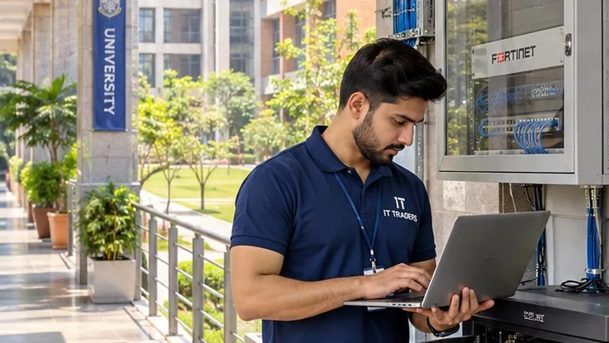 Campus IT engineer managing school network rack, smart classroom technology and computer lab