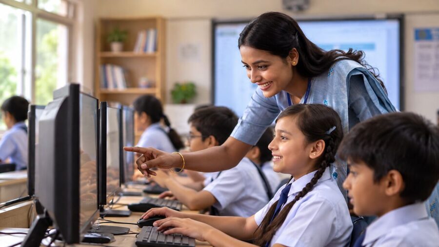 Teacher guiding school students in a modern computer lab with smart classroom display, education IT solutions by IT Traders Pune