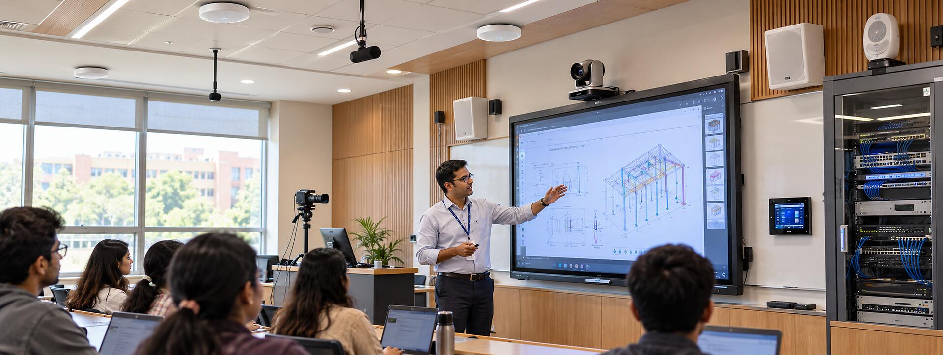 Smart classroom with interactive display, lecture capture camera and campus network rack, education IT solutions by IT Traders Pune