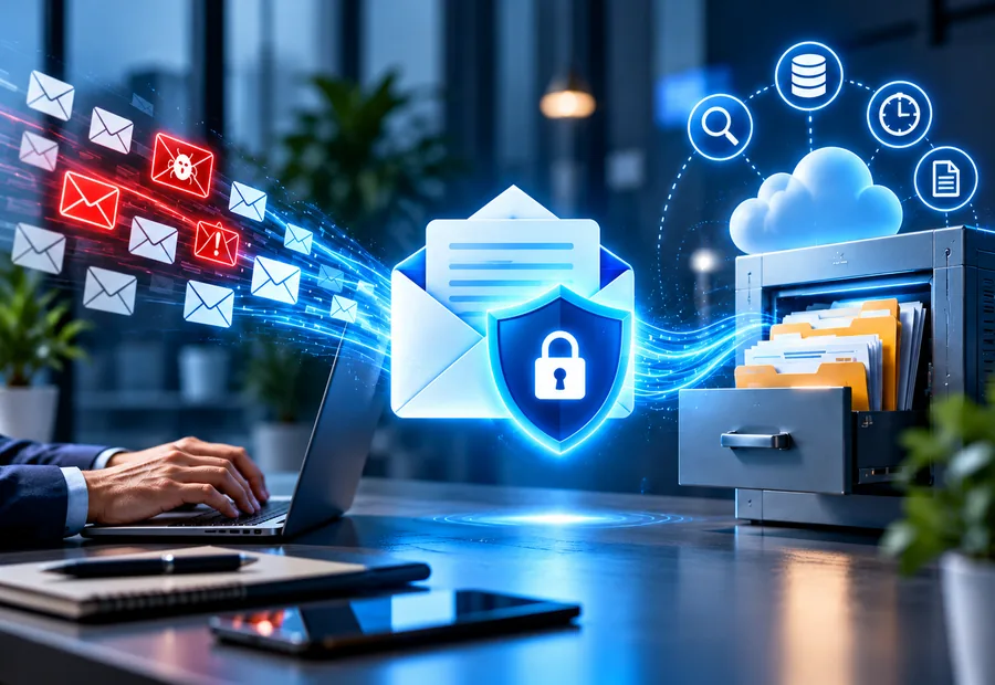 Email security shield blocking phishing and malware while emails are archived to secure storage