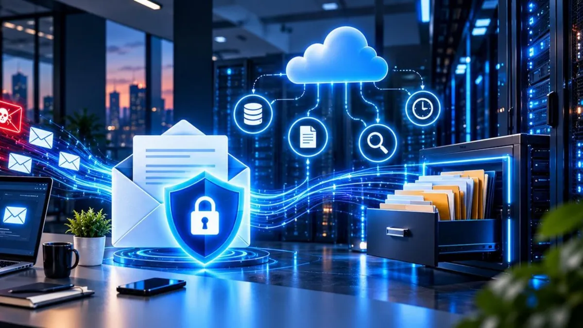 IT Traders engineer at a laptop while a secure email shield blocks phishing and malicious emails and archives clean mail to cloud storage