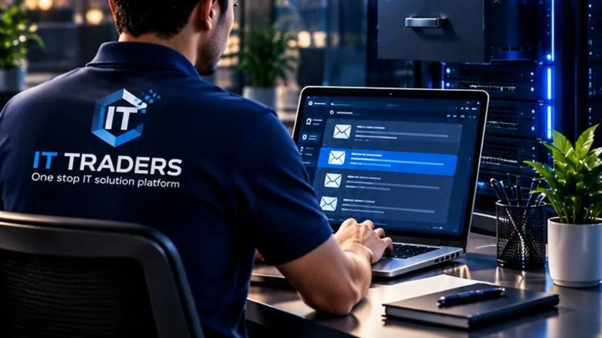IT Traders engineer at a workstation as malicious emails are blocked by a security shield and clean mail is archived to the cloud