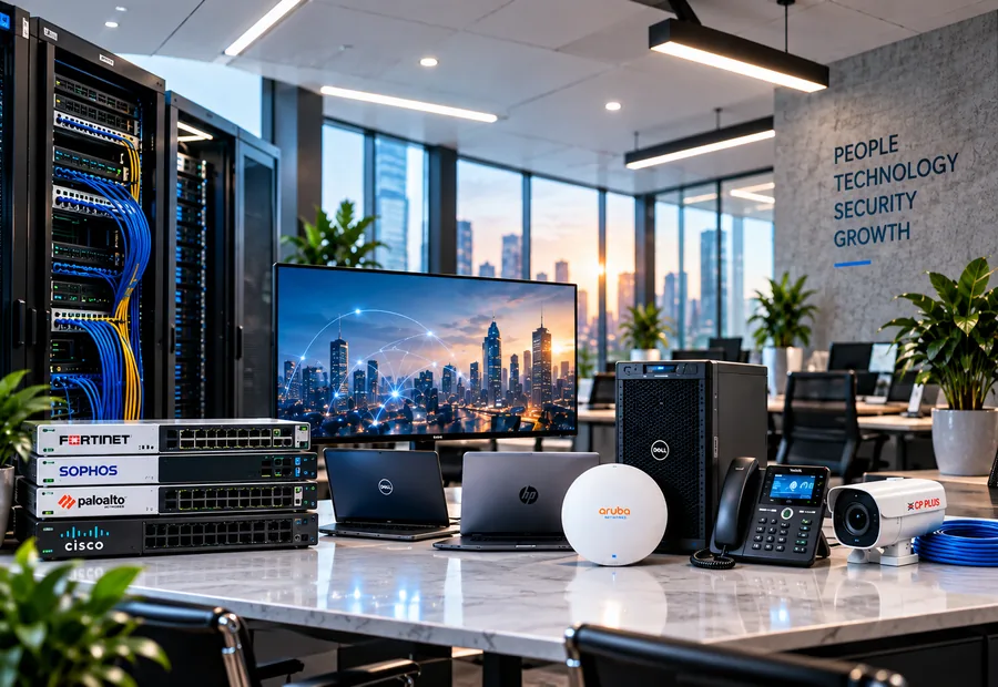 End-to-end office IT infrastructure with server rack, firewalls, laptops, Wi-Fi, IP phones and CCTV
