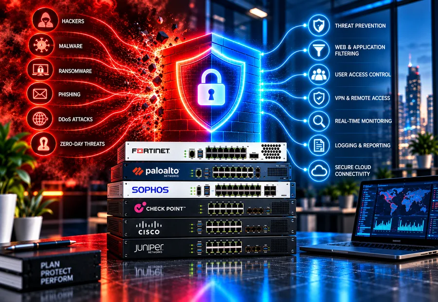 Fortinet, Palo Alto, Sophos, Check Point, Cisco and Juniper firewall appliances blocking hackers, malware, ransomware and phishing