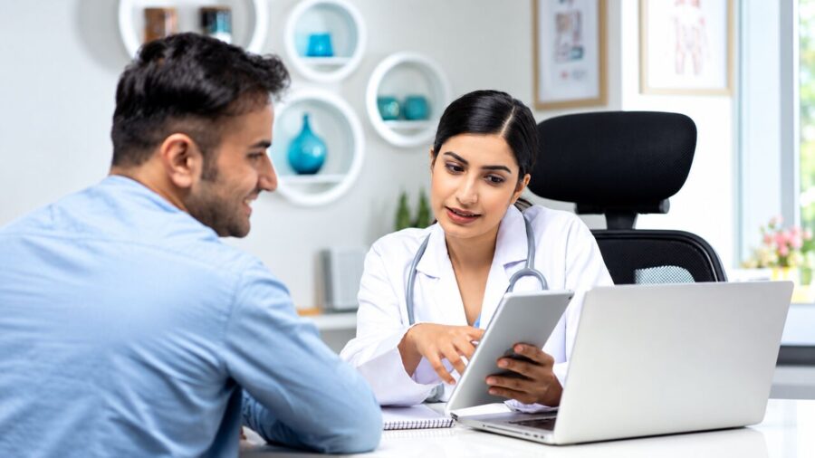 Doctor using a tablet and laptop during patient consultation in a modern clinic, healthcare IT solutions by IT Traders Pune