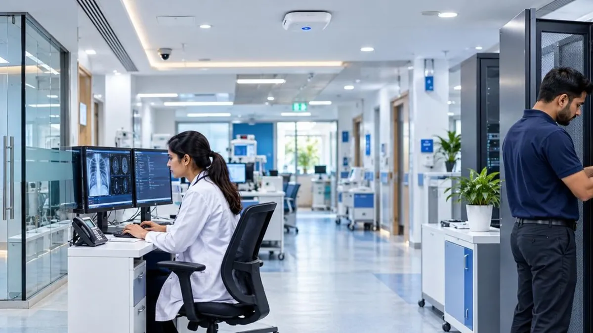 Hospital IT infrastructure with HIS and PACS radiology workstations, telemedicine room and network server rack, healthcare IT solutions by IT Traders Pune