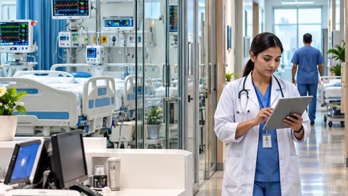 Healthcare IT engineer maintaining hospital network rack, medical-grade WiFi and PACS workstations