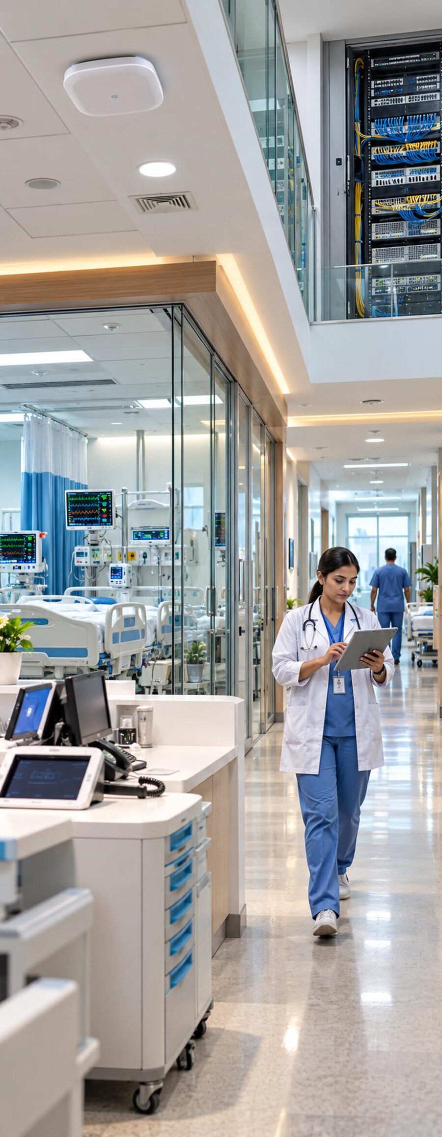 Healthcare IT engineer maintaining hospital network rack, medical-grade WiFi and PACS workstations