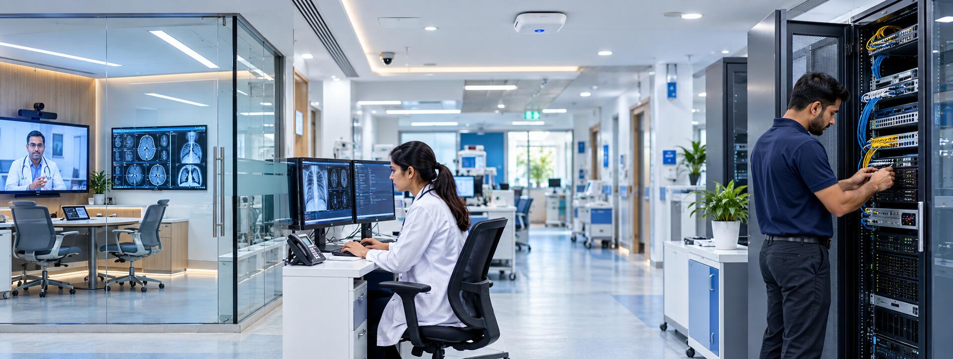 Hospital IT infrastructure with HIS and PACS radiology workstations, telemedicine room and network server rack, healthcare IT solutions by IT Traders Pune