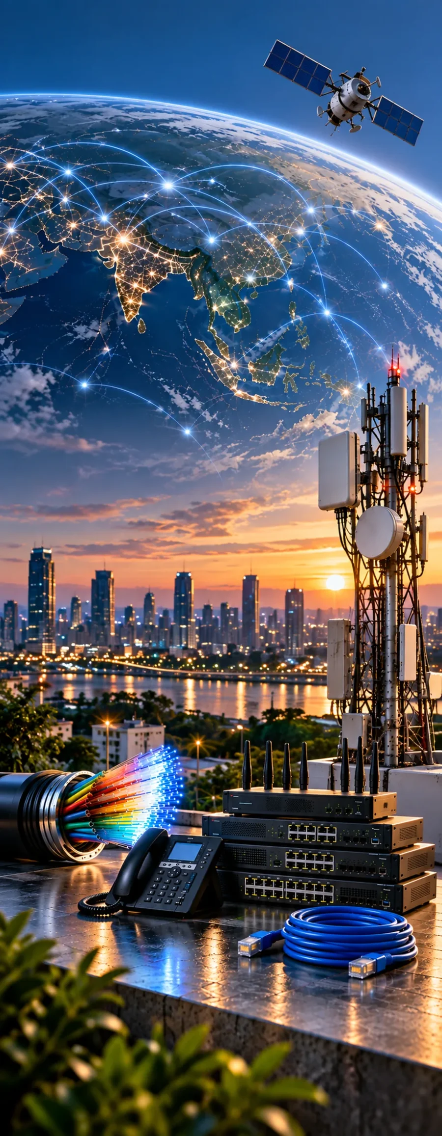 Dedicated internet leased line with fibre connectivity, enterprise router and telecom tower