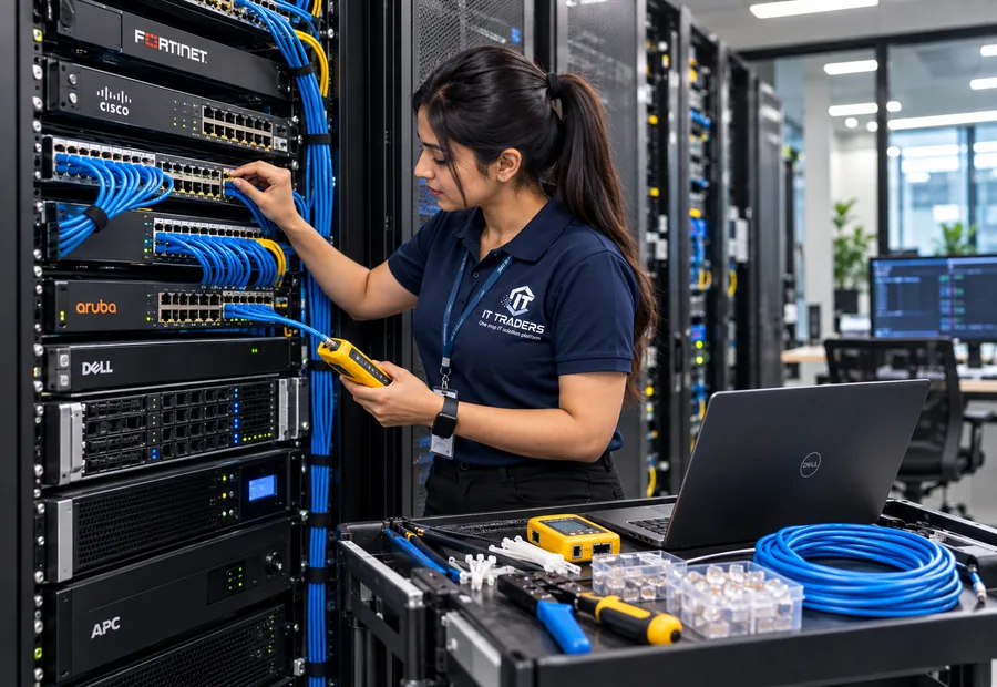 IT Traders AMC engineer servicing network cabling in a Fortinet, Cisco and Dell server rack