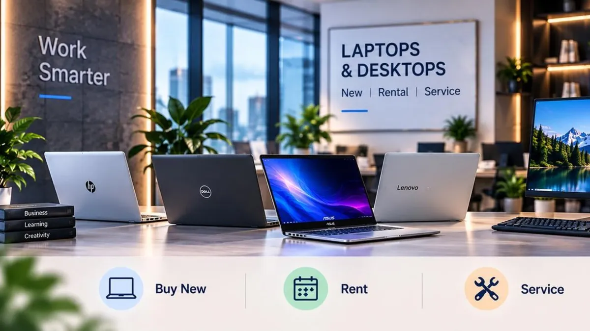Dell, HP, Lenovo and ASUS business laptops with Dell and HP desktops on display for purchase, rental, service and support