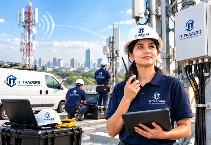 IT Traders field engineers installing internet leased line equipment at a telecom tower