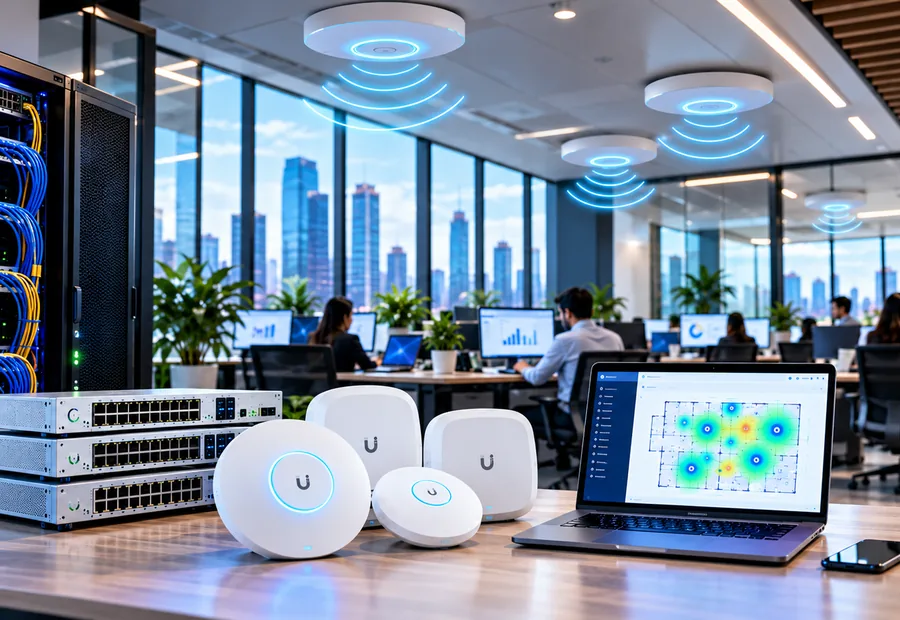 Managed Wi-Fi access points with a wireless coverage heatmap for a modern office