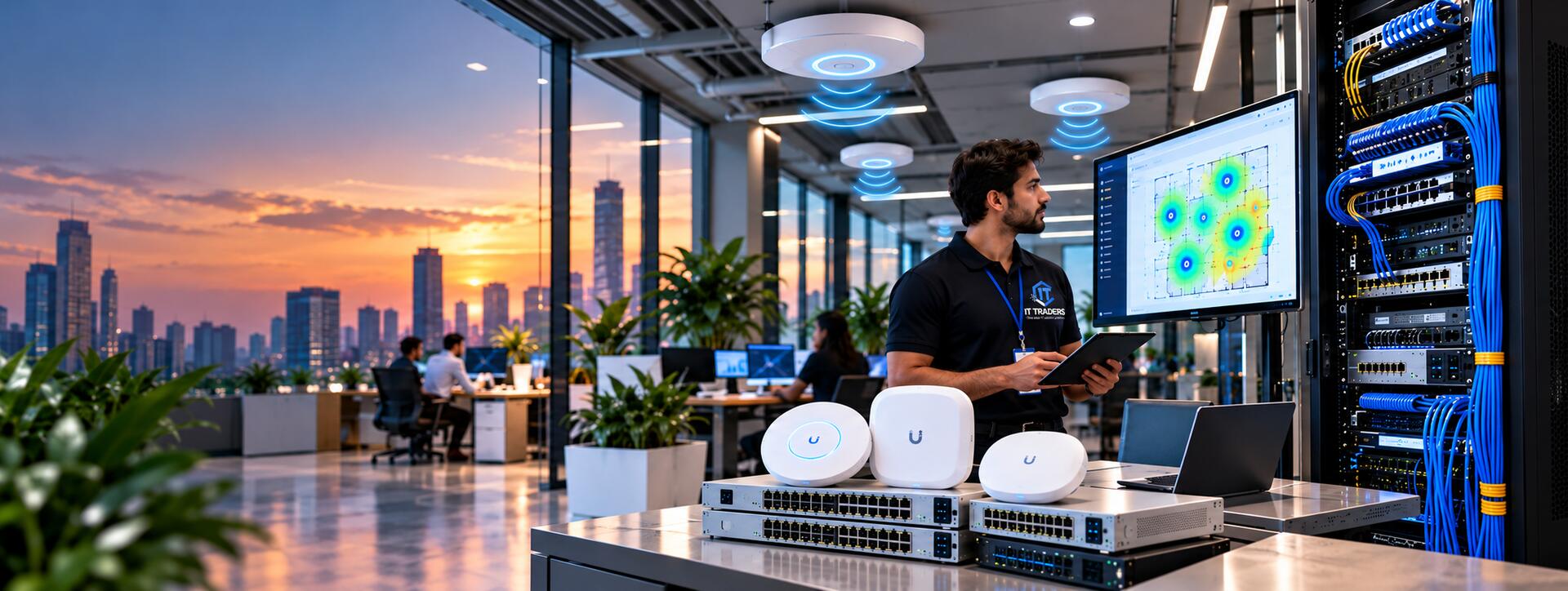 IT Traders managed enterprise Wi-Fi with ceiling access points, PoE switches and heat-map planning