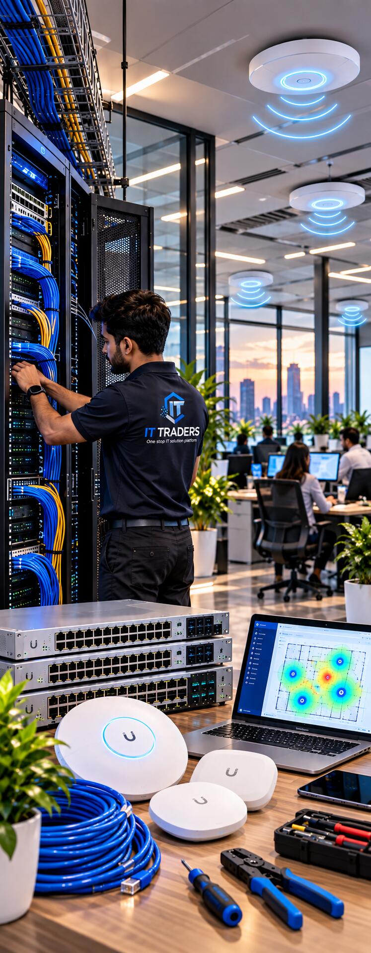 What IT Traders delivers: managed enterprise Wi-Fi with ceiling access points, PoE switches and heat-map planning