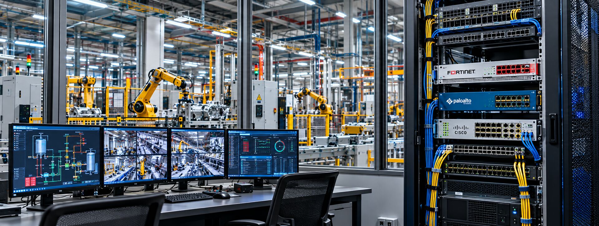 Manufacturing plant control room with OT and ICS security monitoring, robotic production line and industrial IT by IT Traders Pune